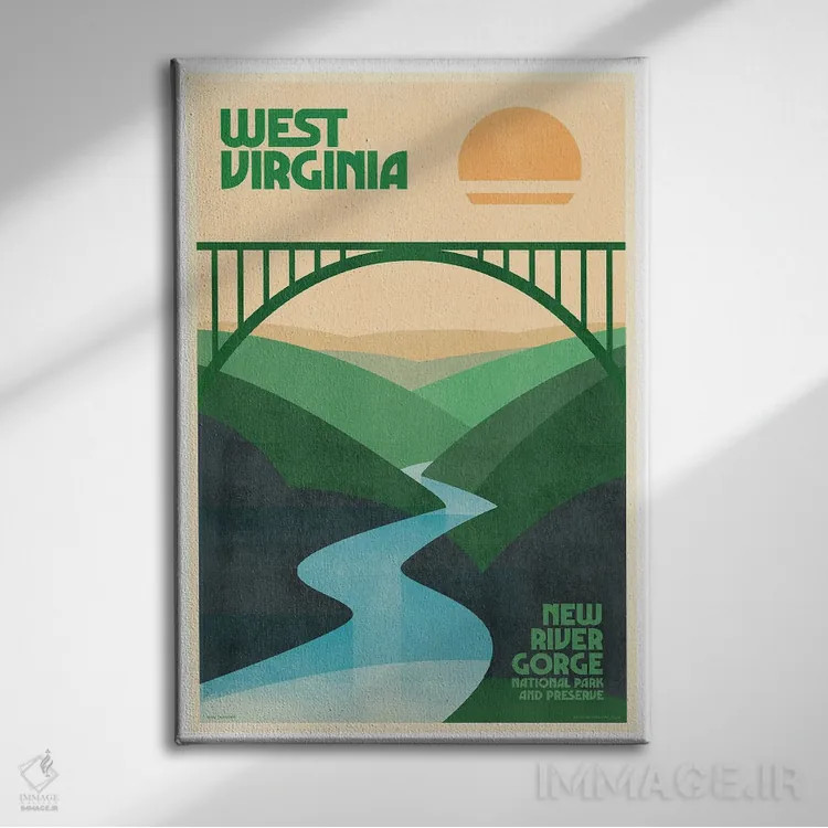 تابلو مدرن پوستر رترو سفر ویرجینیای غربی اثر جیم زانیسر - نمای روبهرو روی دیوار