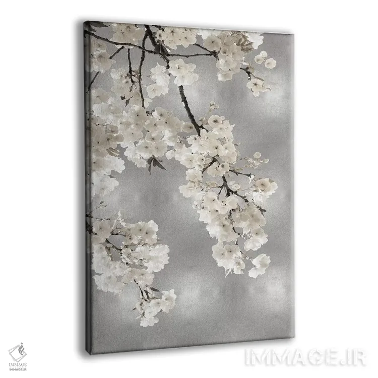 تابلو دکوراتیو شکوفه های سفید روی زمینه نقره ای I اثر کیت بنت - نمای پرسپکتیو محصول