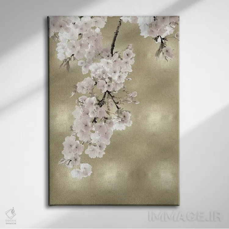 تابلو دکوراتیو شکوفه های صورتی روی طلایی II اثر کیت بنت - نمای روبهرو روی دیوار