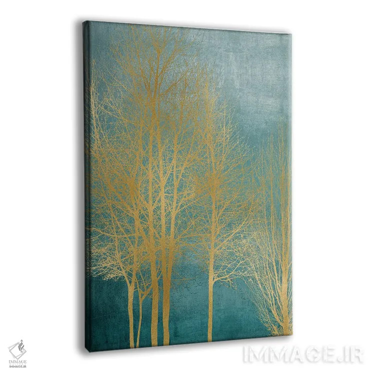 تابلو مدرن درختان طلایی روی زمینه آبی فیروزه ای I اثر کیت بنت - نمای پرسپکتیو محصول
