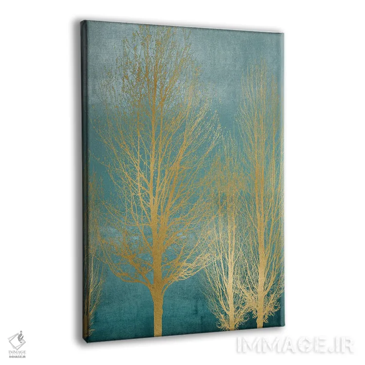 تابلو مدرن درختان طلایی روی زمینه آبی فیروزه ای II اثر کیت بنت - نمای پرسپکتیو محصول
