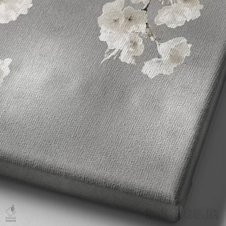 تابلو دکوراتیو شکوفه های سفید روی زمینه نقره ای I اثر کیت بنت - نمای نزدیک بافت بوم