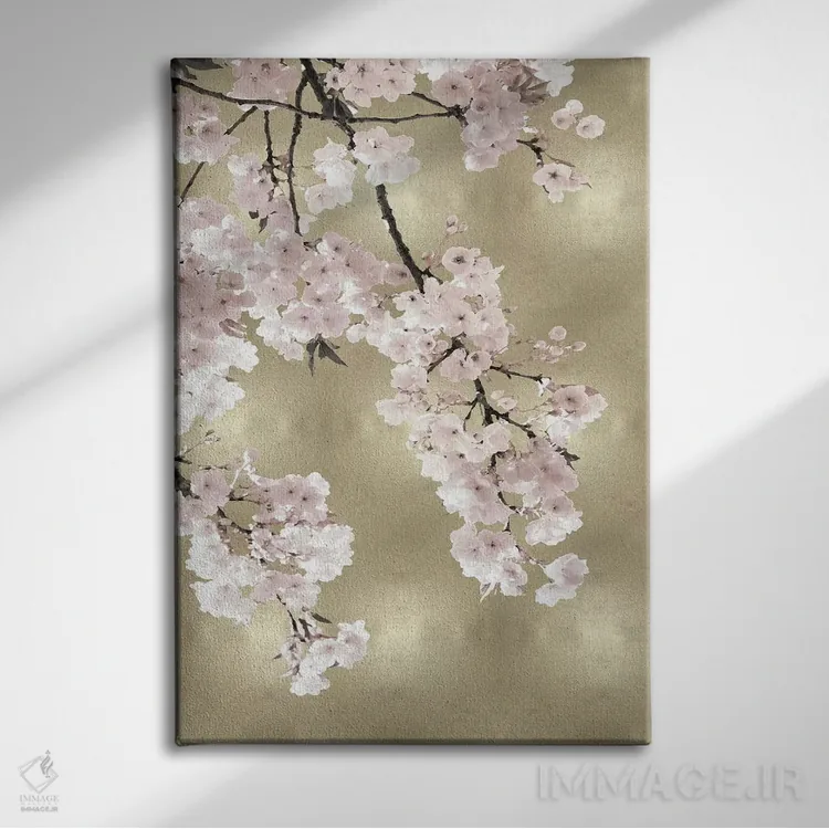 تابلو دکوراتیو شکوفه های صورتی روی طلایی I اثر کیت بنت - نمای روبهرو روی دیوار
