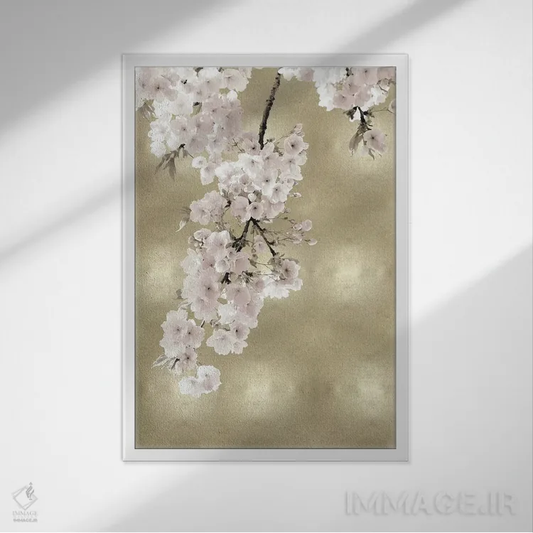 تابلو دکوراتیو شکوفه های صورتی روی طلایی II اثر کیت بنت - نمای قابدار سفید