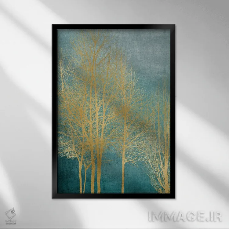 تابلو مدرن درختان طلایی روی زمینه آبی فیروزه ای I اثر کیت بنت - نمای قابدار مشکی