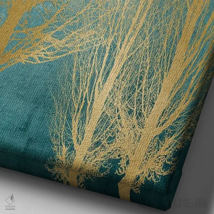 تابلو مدرن درختان طلایی روی زمینه آبی فیروزه ای II اثر کیت بنت - نمای نزدیک بافت بوم