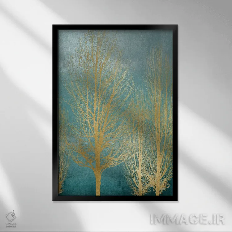 تابلو مدرن درختان طلایی روی زمینه آبی فیروزه ای II اثر کیت بنت - نمای قابدار مشکی