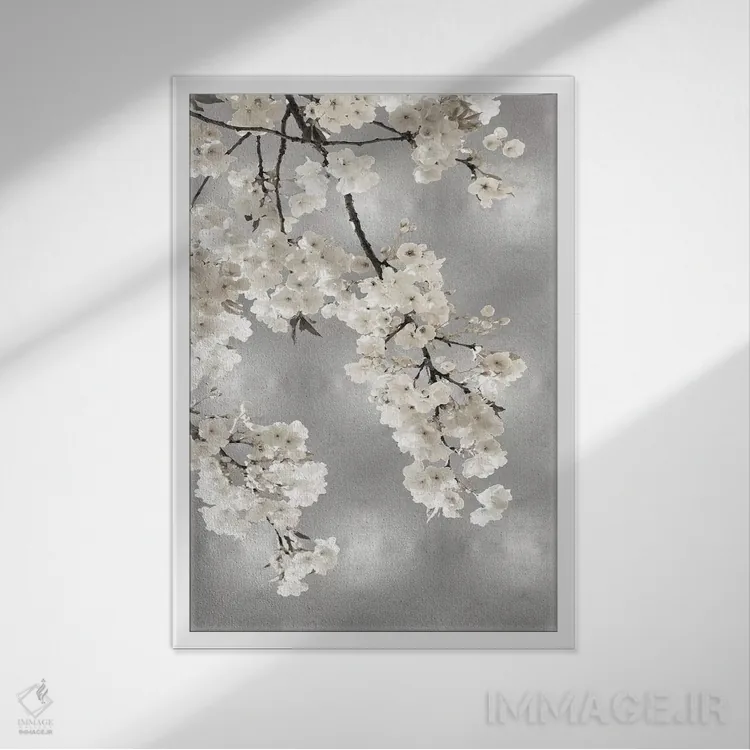 تابلو دکوراتیو شکوفه های سفید روی زمینه نقره ای I اثر کیت بنت - نمای قابدار سفید