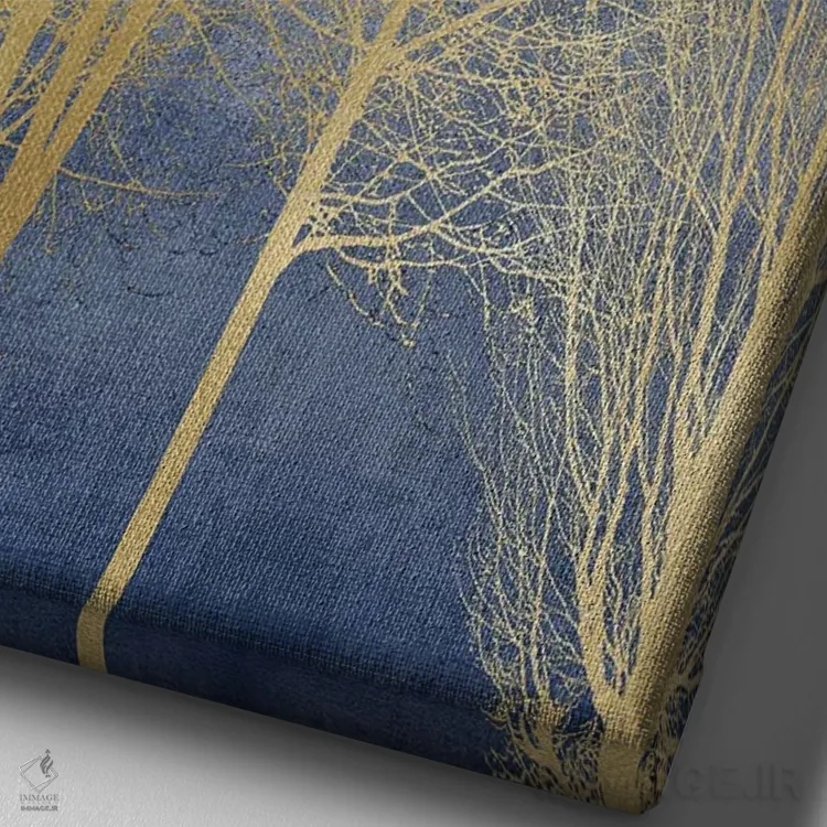 تابلو مدرن درختان طلایی روی پنل آبی I اثر کیت بنت - نمای نزدیک بافت بوم