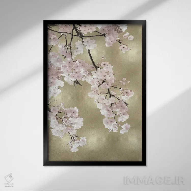 تابلو دکوراتیو شکوفه های صورتی روی طلایی I اثر کیت بنت - نمای قابدار مشکی