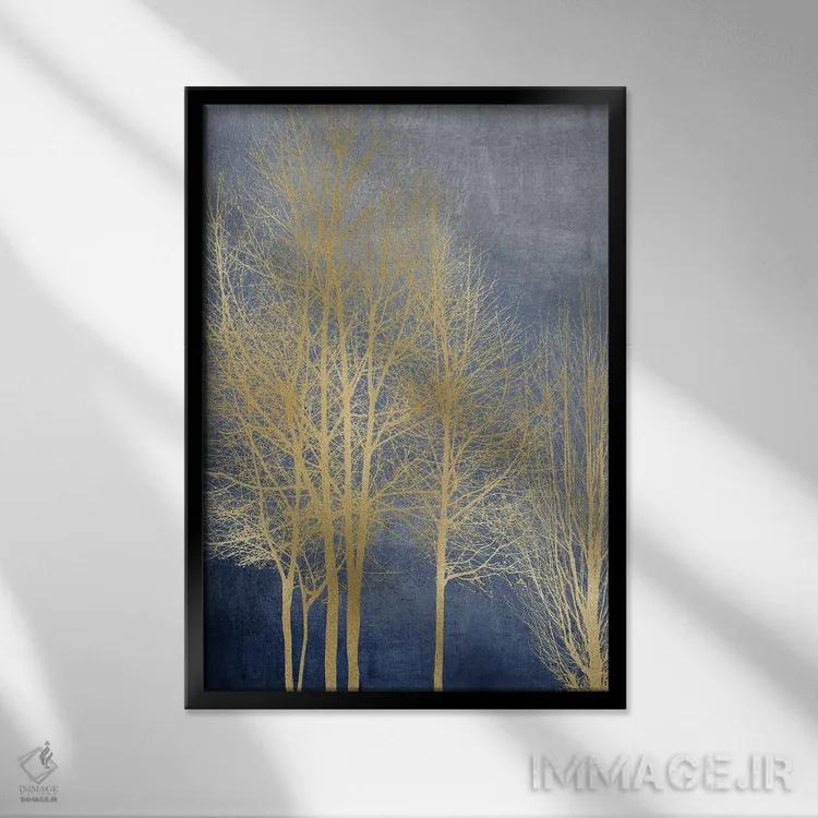 تابلو مدرن درختان طلایی روی پنل آبی I اثر کیت بنت - نمای قابدار مشکی