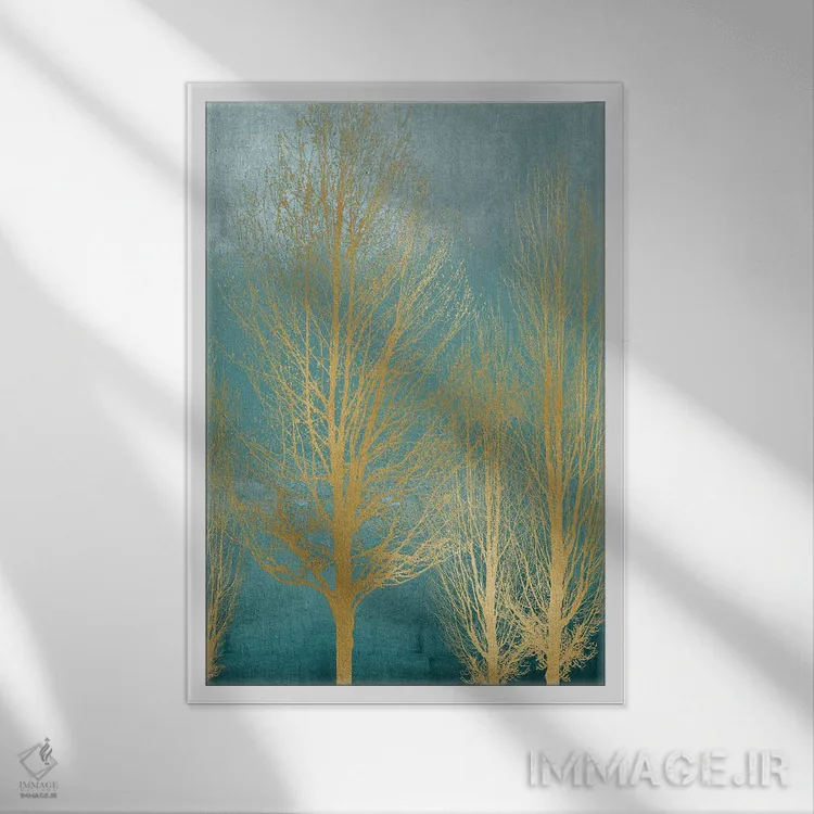 تابلو مدرن درختان طلایی روی زمینه آبی فیروزه ای II اثر کیت بنت - نمای قابدار سفید