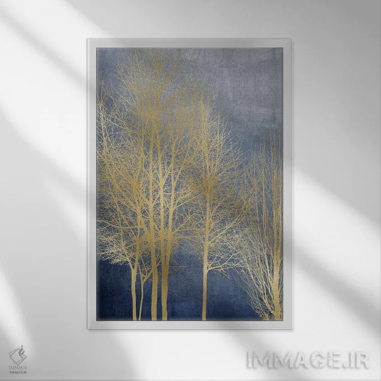 تابلو مدرن درختان طلایی روی پنل آبی I اثر کیت بنت - نمای قابدار سفید
