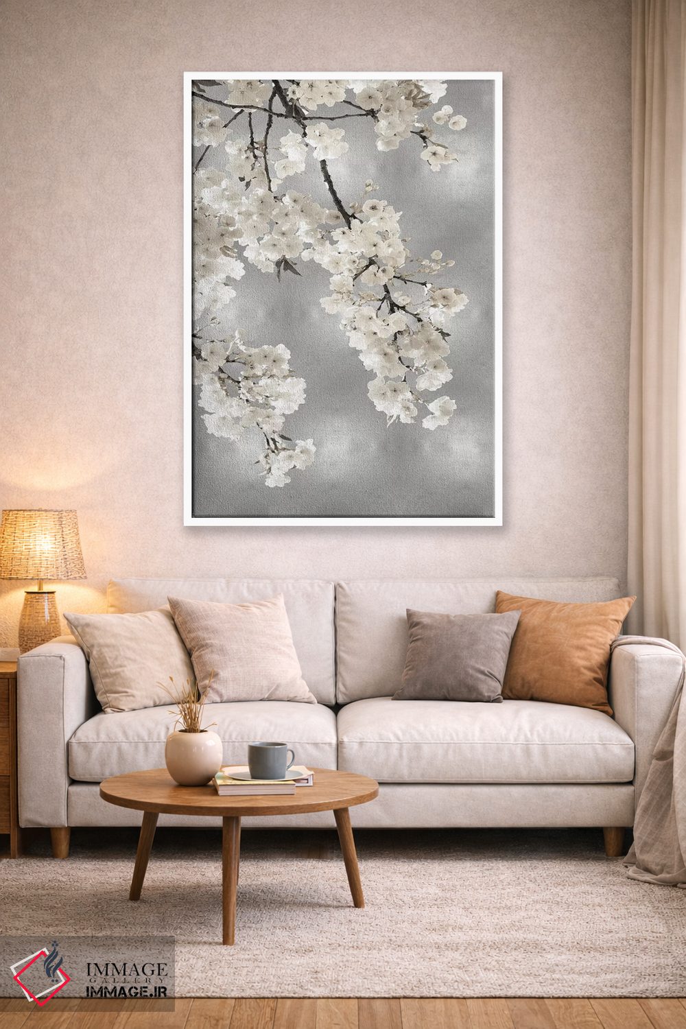 تابلو دکوراتیو شکوفه های سفید روی زمینه نقره ای I اثر کیت بنت - D1W