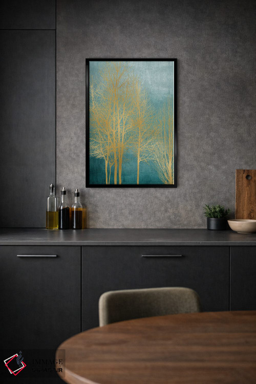 تابلو مدرن درختان طلایی روی زمینه آبی فیروزه ای I اثر کیت بنت - D2B