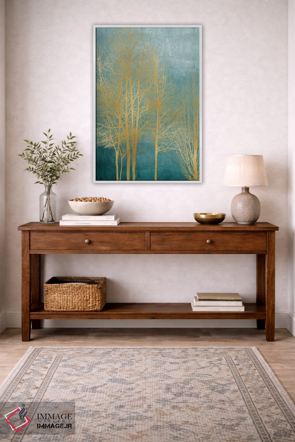 تابلو مدرن درختان طلایی روی زمینه آبی فیروزه ای I اثر کیت بنت - D3W