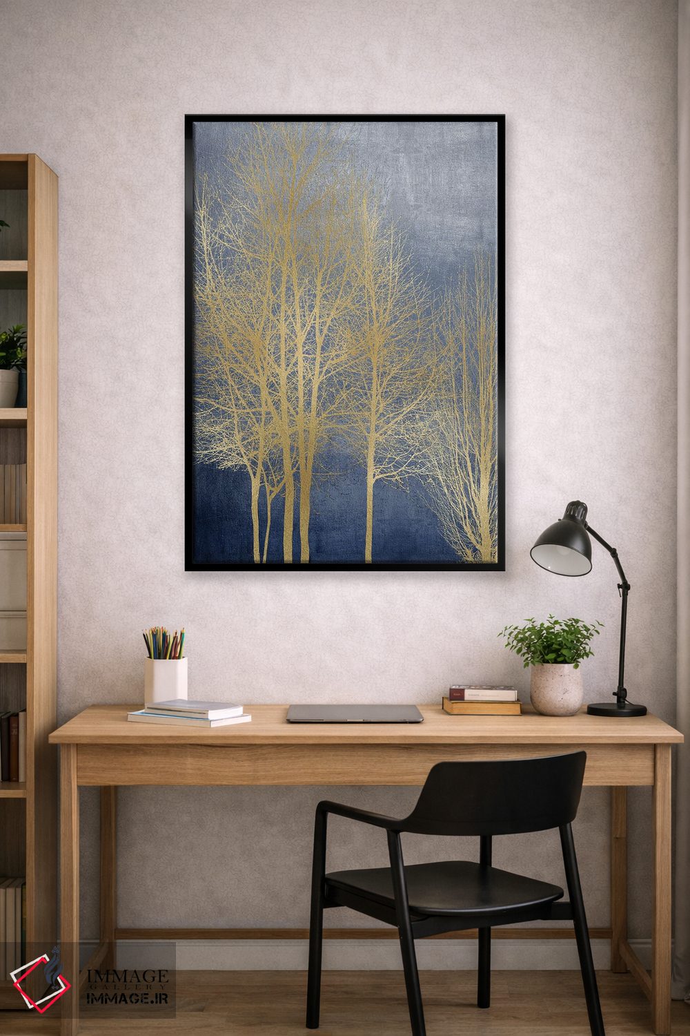 تابلو مدرن درختان طلایی روی پنل آبی I اثر کیت بنت - D2B