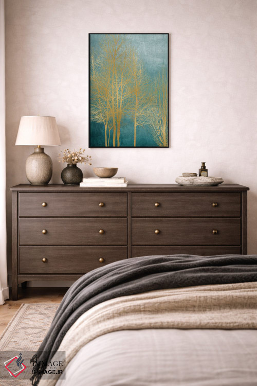 تابلو مدرن درختان طلایی روی زمینه آبی فیروزه ای I اثر کیت بنت - D4B
