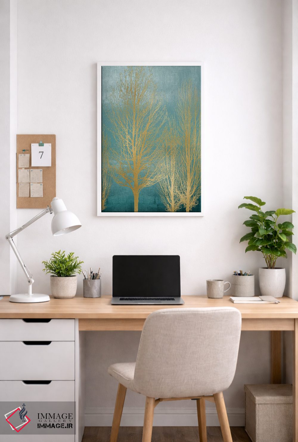 تابلو مدرن درختان طلایی روی زمینه آبی فیروزه ای II اثر کیت بنت - D3W