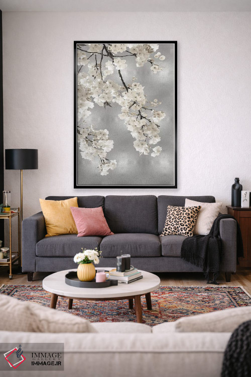 تابلو دکوراتیو شکوفه های سفید روی زمینه نقره ای I اثر کیت بنت - D2B