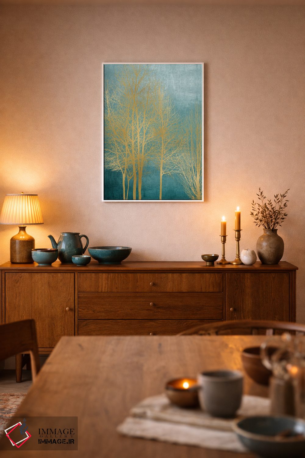 تابلو مدرن درختان طلایی روی زمینه آبی فیروزه ای I اثر کیت بنت - D6W