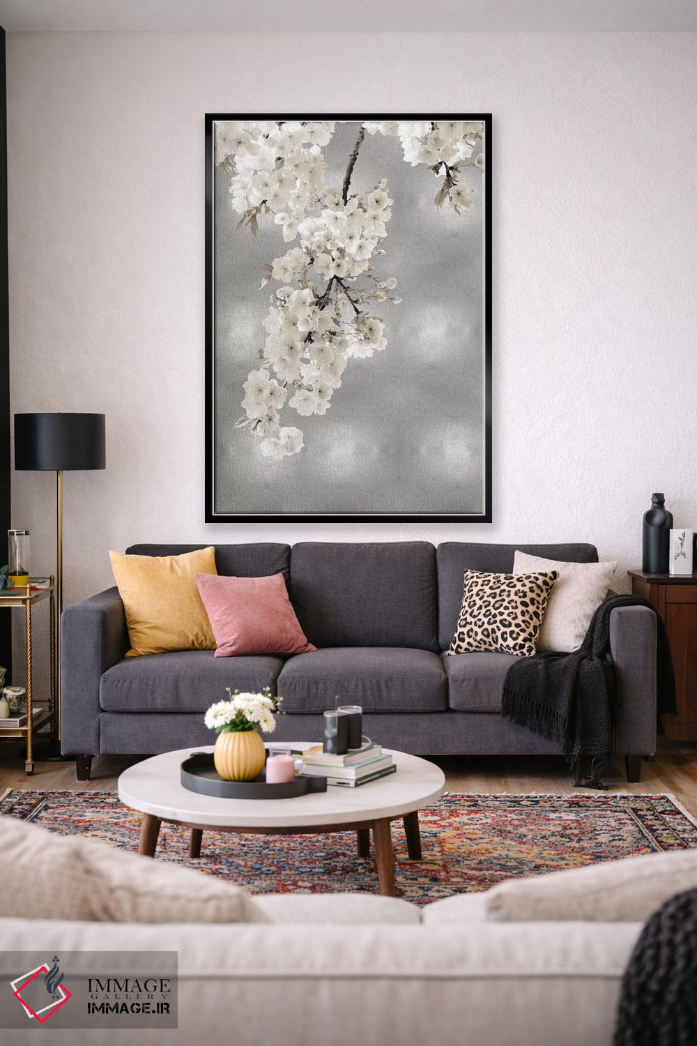 تابلو دکوراتیو شکوفه های سفید روی زمینه نقره ای II اثر کیت بنت - D2B