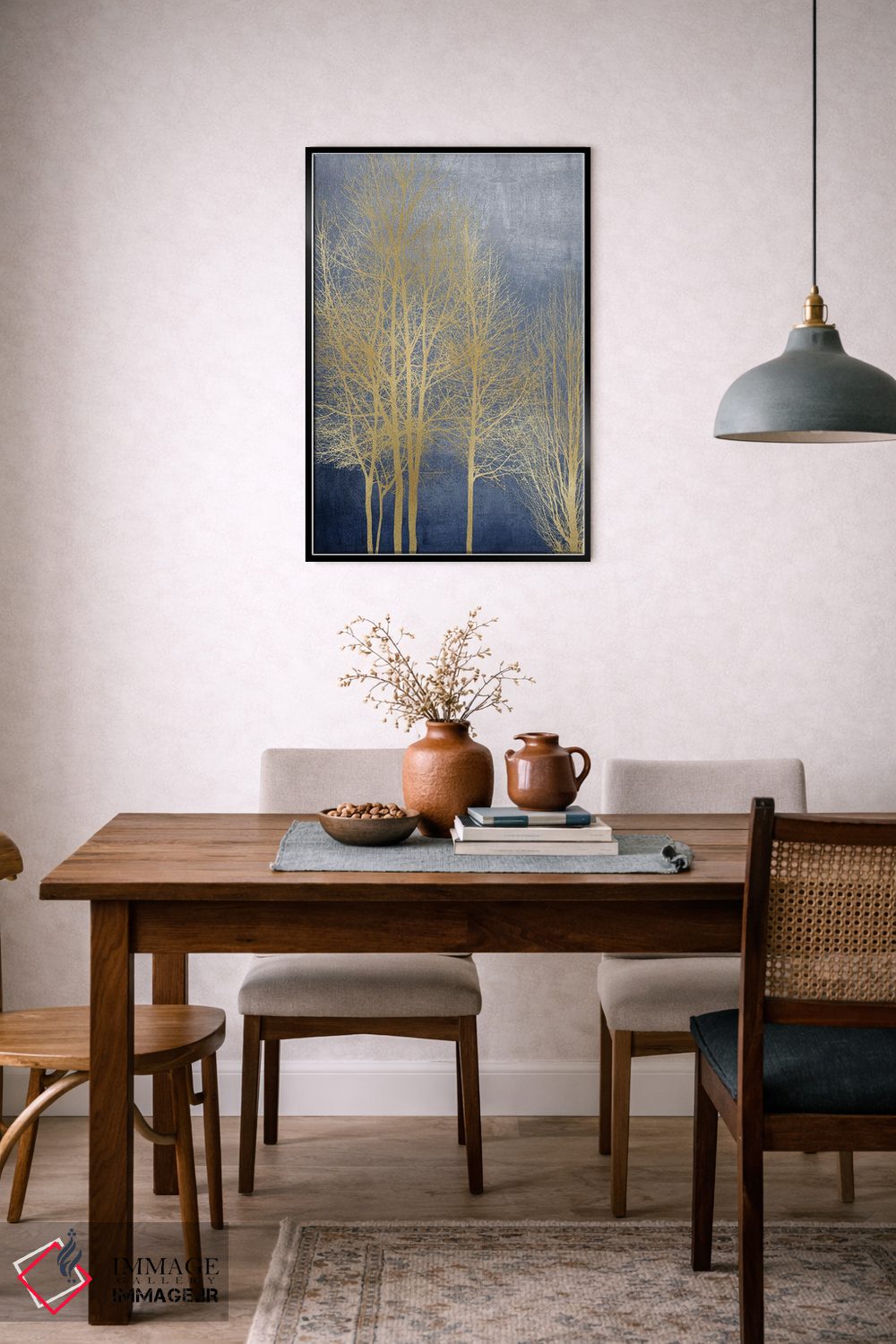 تابلو مدرن درختان طلایی روی پنل آبی I اثر کیت بنت - D6B