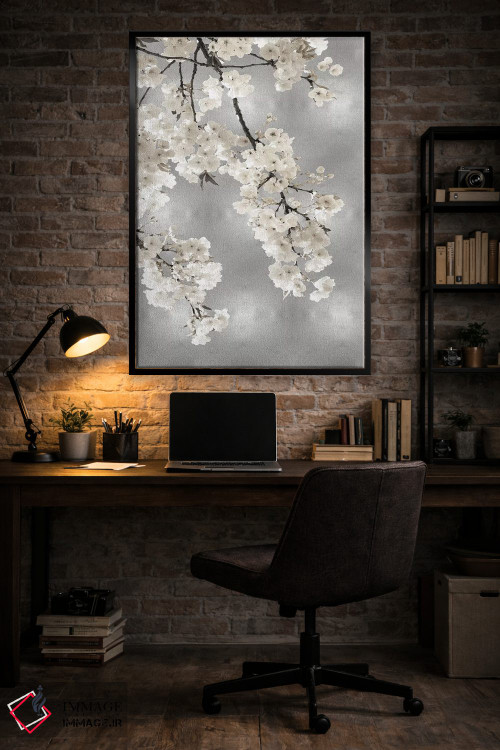 تابلو دکوراتیو شکوفه های سفید روی زمینه نقره ای I اثر کیت بنت - D4B