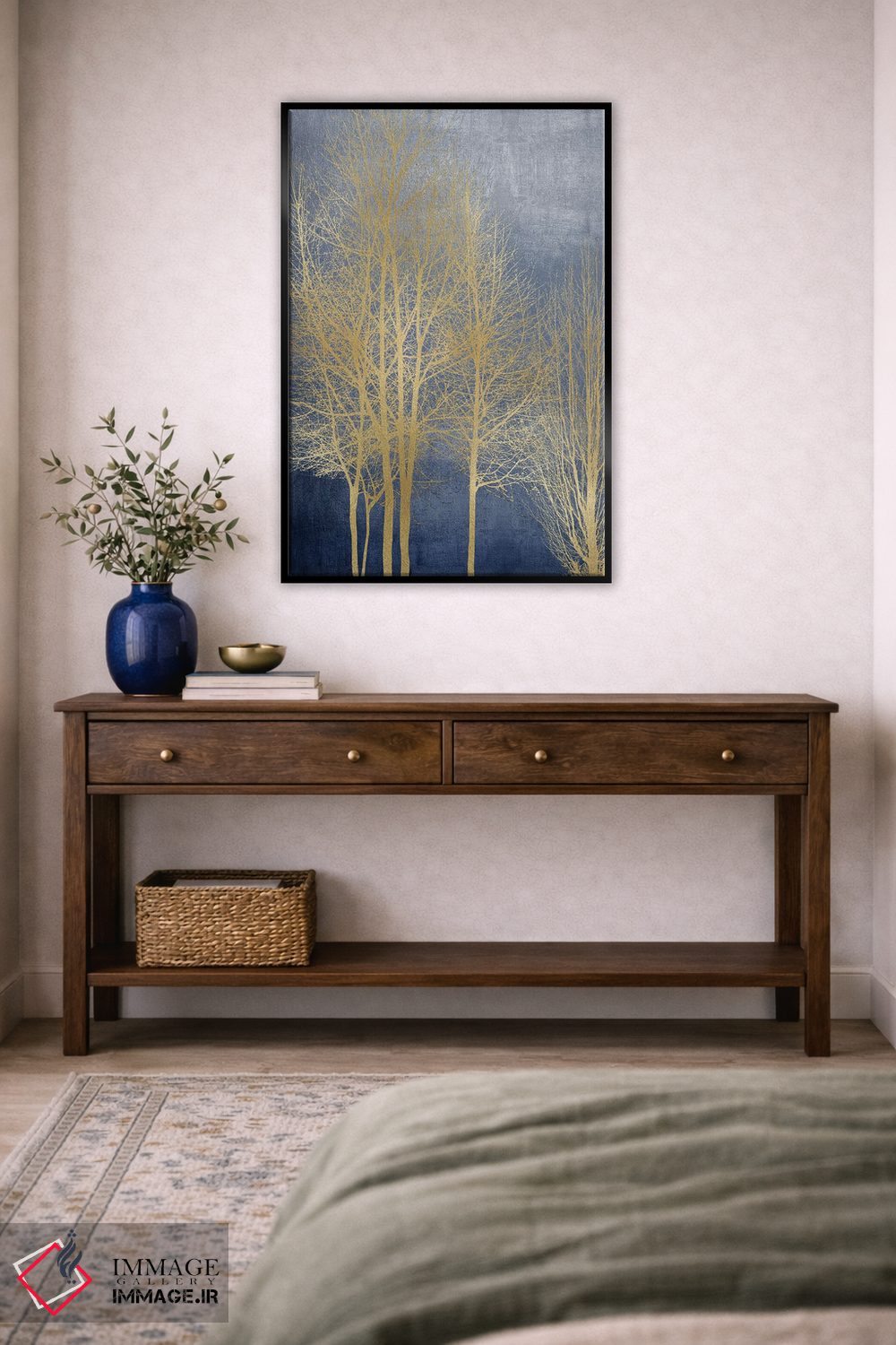 تابلو مدرن درختان طلایی روی پنل آبی I اثر کیت بنت - D5B