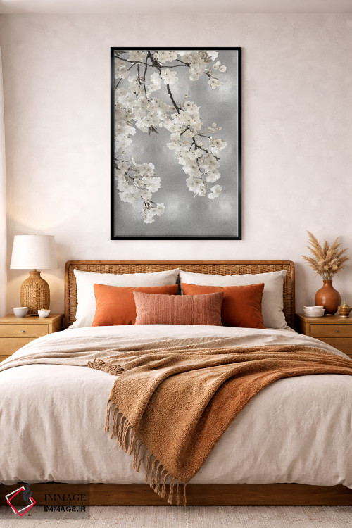 تابلو دکوراتیو شکوفه های سفید روی زمینه نقره ای I اثر کیت بنت - D3B