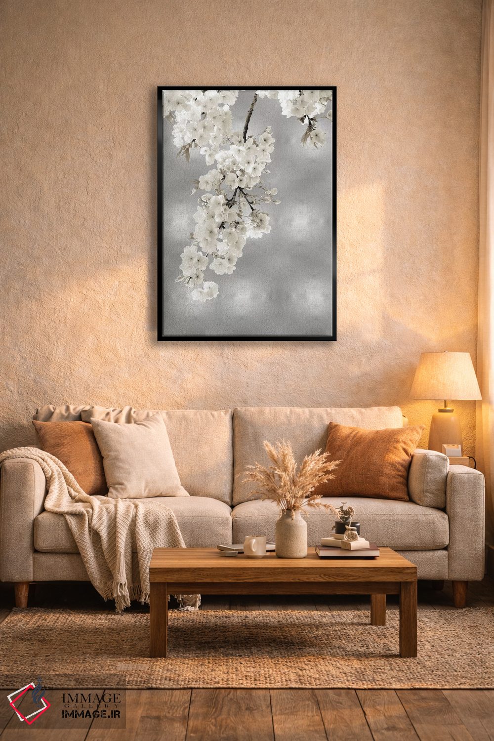 تابلو دکوراتیو شکوفه های سفید روی زمینه نقره ای II اثر کیت بنت - D4B