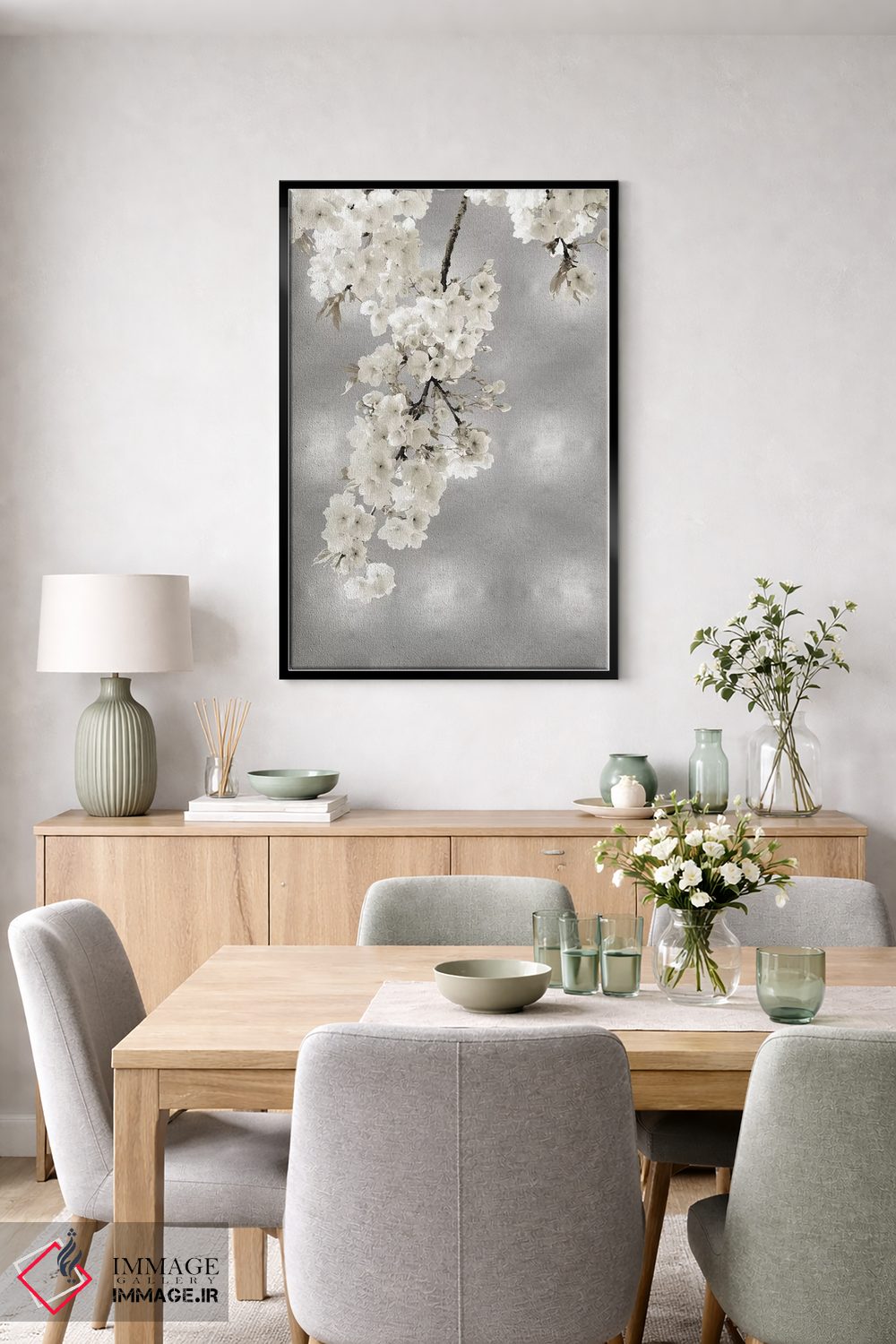 تابلو دکوراتیو شکوفه های سفید روی زمینه نقره ای II اثر کیت بنت - D6B