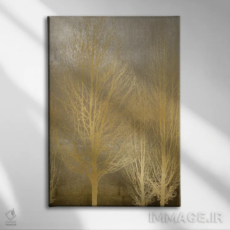 تابلو مدرن درختان طلایی روی پنل قهوه ای II اثر کیت بنت - نمای روبهرو روی دیوار