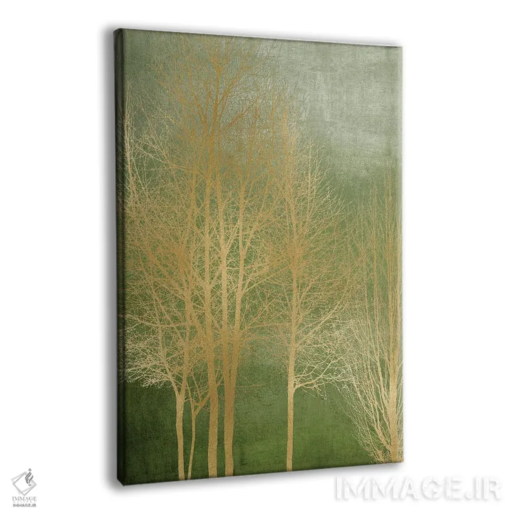 تابلو مدرن درختان طلایی روی پنل سبز I اثر کیت بنت - نمای پرسپکتیو محصول
