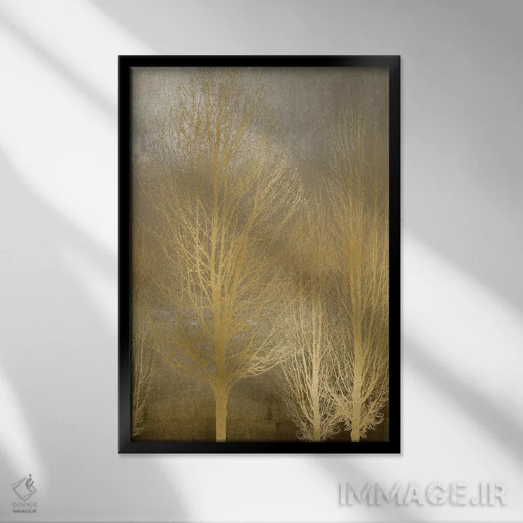 تابلو مدرن درختان طلایی روی پنل قهوه ای II اثر کیت بنت - نمای قابدار مشکی