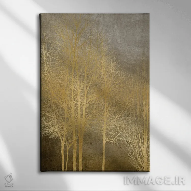 تابلو مدرن درختان طلایی روی پنل قهوه ای I اثر کیت بنت - نمای روبهرو روی دیوار