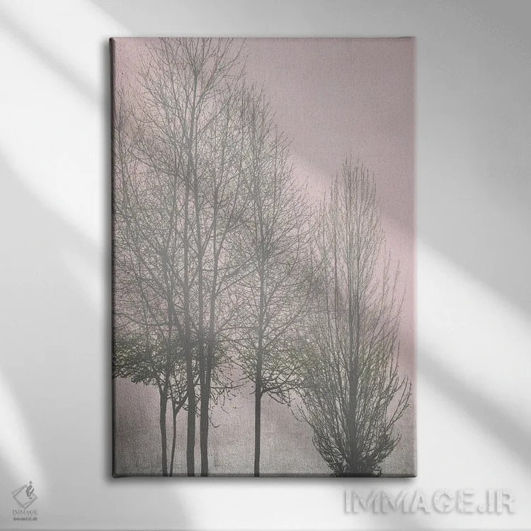 تابلو مدرن درختان خاکستری روی پنل صورتی I اثر کیت بنت - نمای روبهرو روی دیوار