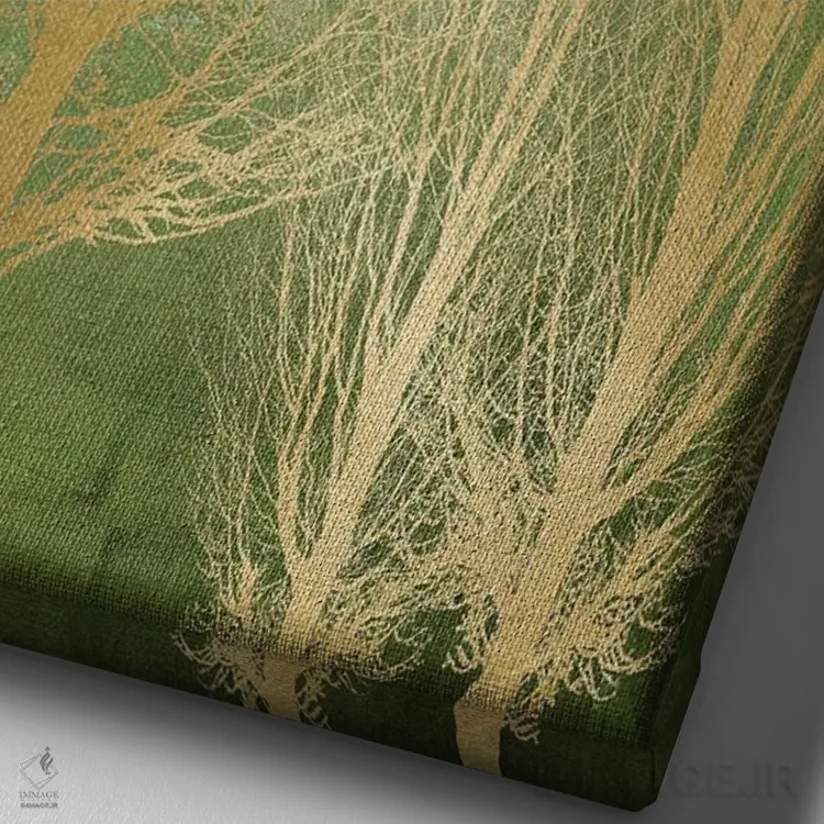 تابلو مدرن درختان طلایی روی پنل سبز II اثر کیت بنت - نمای نزدیک بافت بوم