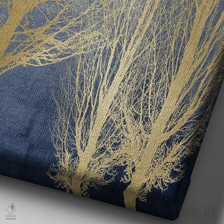 تابلو مدرن درختان طلایی روی پنل آبی II اثر کیت بنت - نمای نزدیک بافت بوم