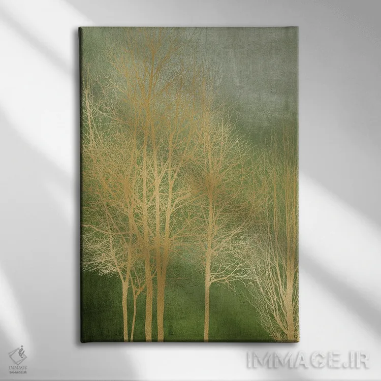 تابلو مدرن درختان طلایی روی پنل سبز I اثر کیت بنت - نمای روبهرو روی دیوار