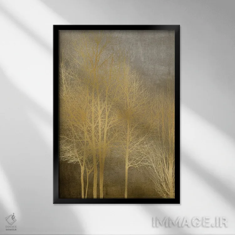تابلو مدرن درختان طلایی روی پنل قهوه ای I اثر کیت بنت - نمای قابدار مشکی