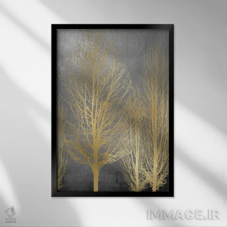 تابلو مدرن درختان طلایی روی پنل خاکستری II اثر کیت بنت - نمای قابدار مشکی