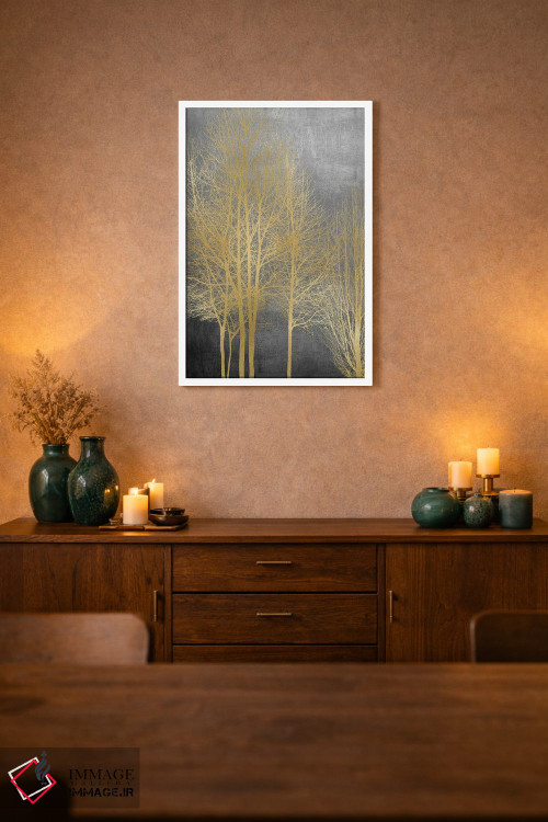 تابلو مدرن درختان طلایی روی پنل خاکستری I اثر کیت بنت - D1W
