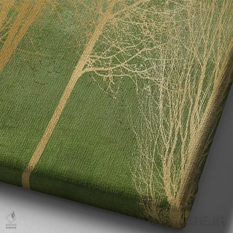 تابلو مدرن درختان طلایی روی پنل سبز I اثر کیت بنت - نمای نزدیک بافت بوم