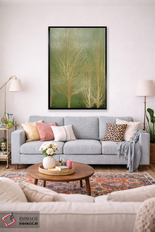 تابلو مدرن درختان طلایی روی پنل سبز II اثر کیت بنت - D1B
