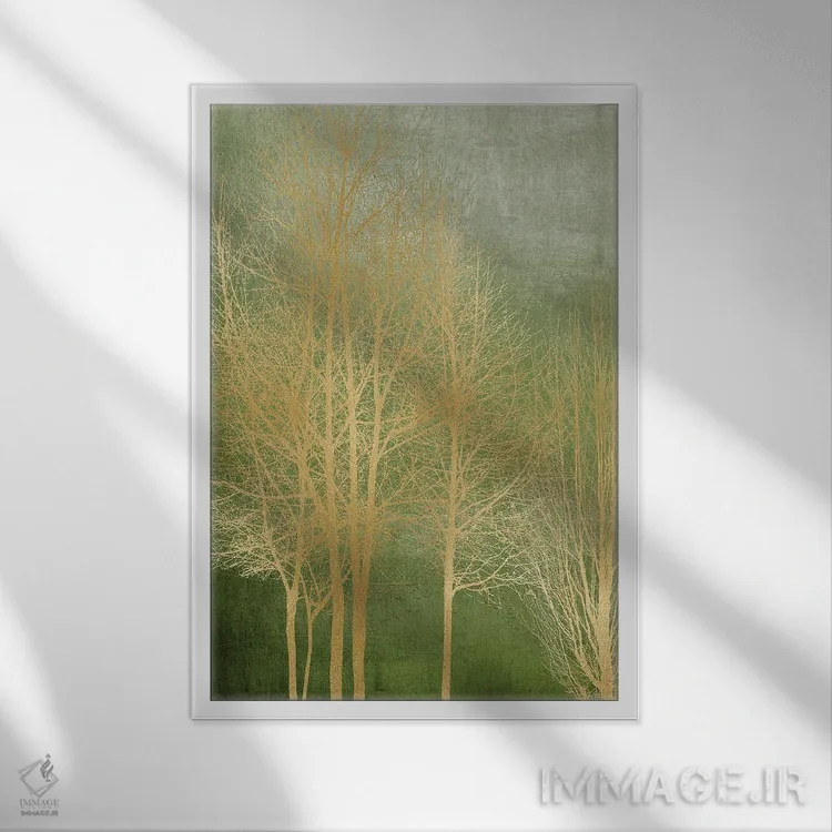 تابلو مدرن درختان طلایی روی پنل سبز I اثر کیت بنت - نمای قابدار سفید