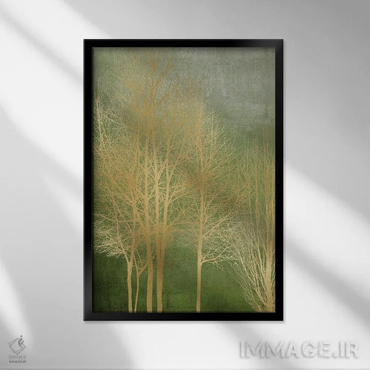 تابلو مدرن درختان طلایی روی پنل سبز I اثر کیت بنت - نمای قابدار مشکی