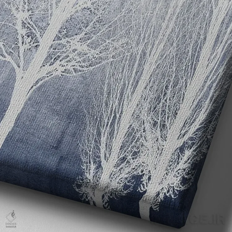 تابلو مدرن درختان سفید روی پنل آبی II اثر کیت بنت - نمای نزدیک بافت بوم