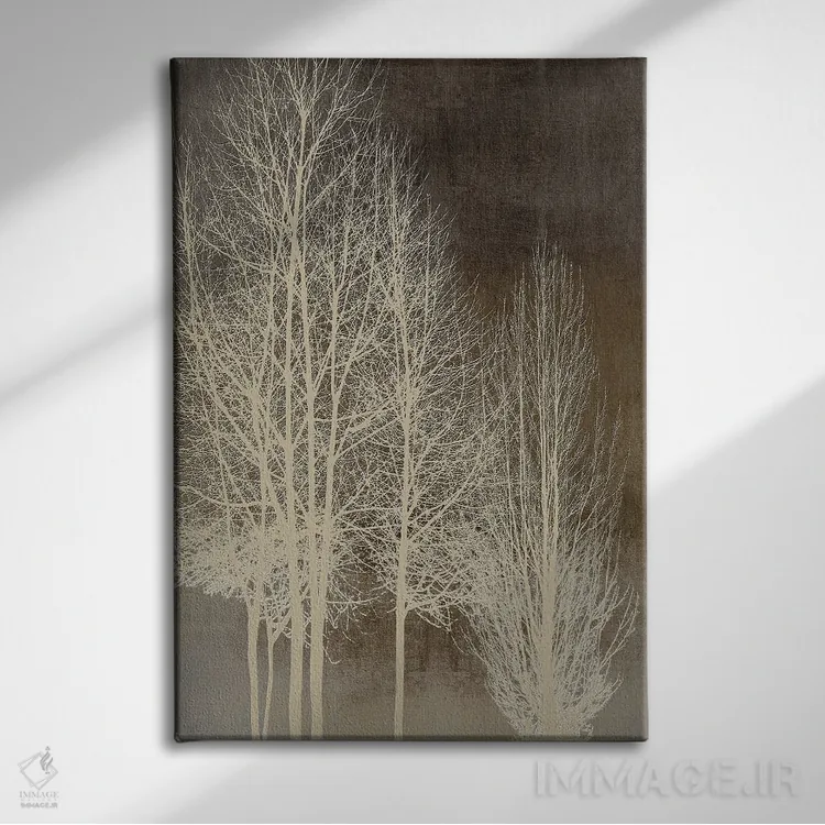 تابلو مدرن درختان روی پنل قهوه ای I اثر کیت بنت - نمای روبهرو روی دیوار