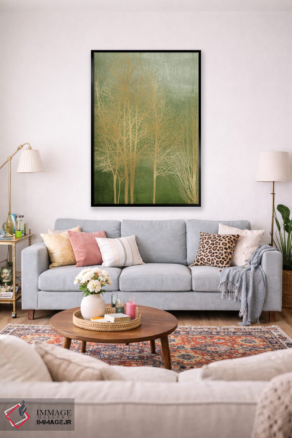 تابلو مدرن درختان طلایی روی پنل سبز I اثر کیت بنت - D1B